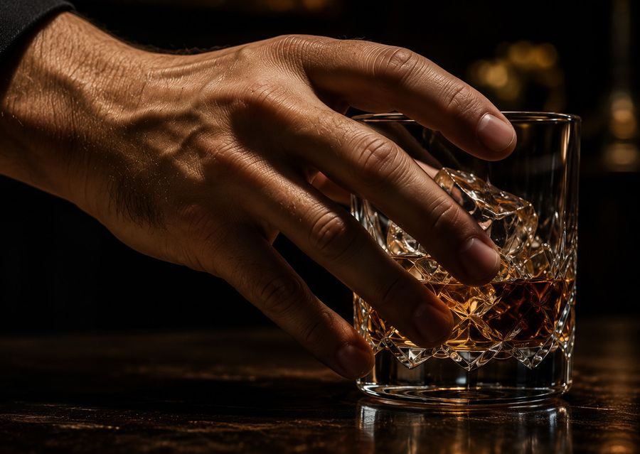 Mano che stringe un bicchiere di whisky